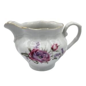 Vintage 1980 Favolina Pink & Purple Floral Gold Trim Ceramic Creamer Jar Pitcher